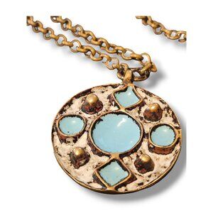 St Luc Modernist Bronze Enamel Pendant Necklace Sky Blue Mid Century 38"